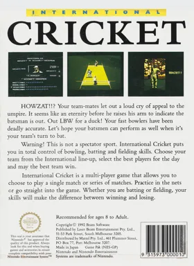 International Cricket (Australia) (Beta) (1992-08-24) box cover back